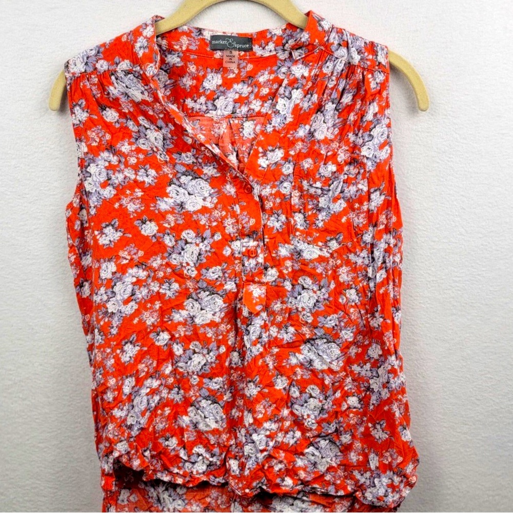 Market & Spruce Sleeveless floral Blouse with Mandarin Collar size small